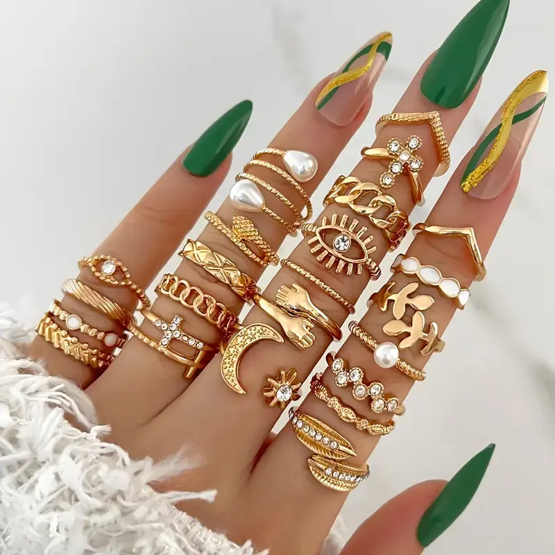 Boho Style Stacking Rings Trendy Cross Leaf Chain evil Patterns eye Mix And Match For Daily Outfits Chic Party Accessories