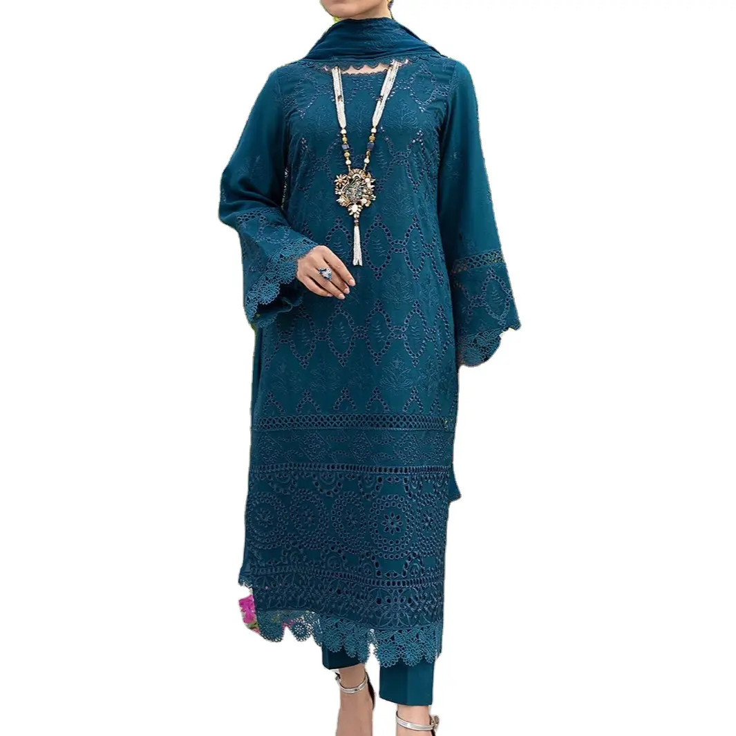 Gaun biru laut wanita satu warna sederhana untuk koleksi musim semi gaun kasual pakaian sehari-hari pakaian Shalwar Kameez