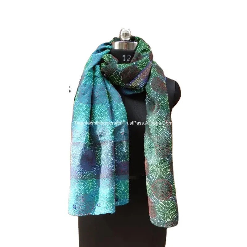 Indiano Stola Reversibile Fatti A Mano Kantha Wrap Scialle Di Lusso Sciarpa di Seta Dell'annata SariDupatta Cucita A Mano Del Ricamo del Commercio All'ingrosso