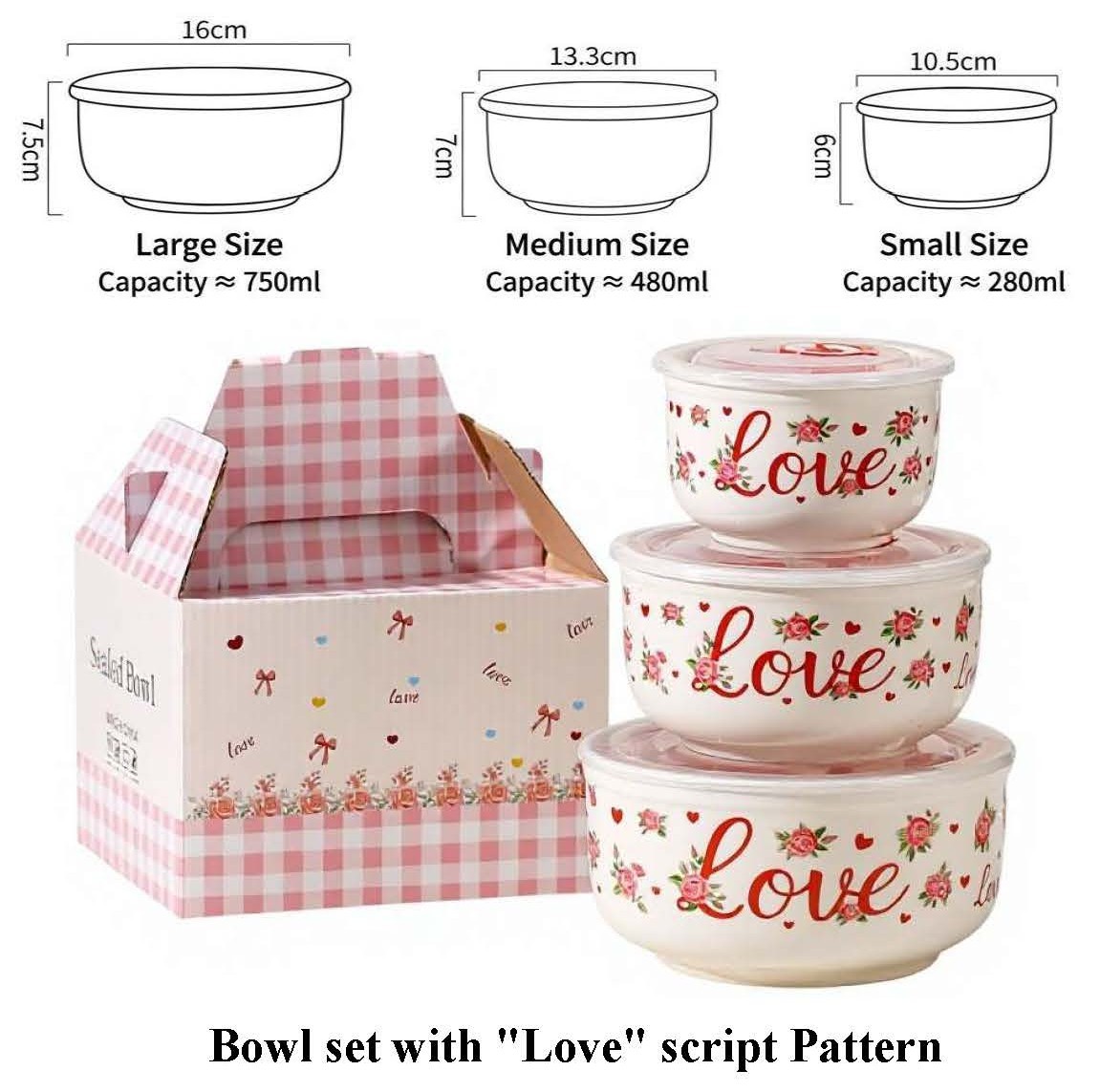 3 size bowls set Love pattern