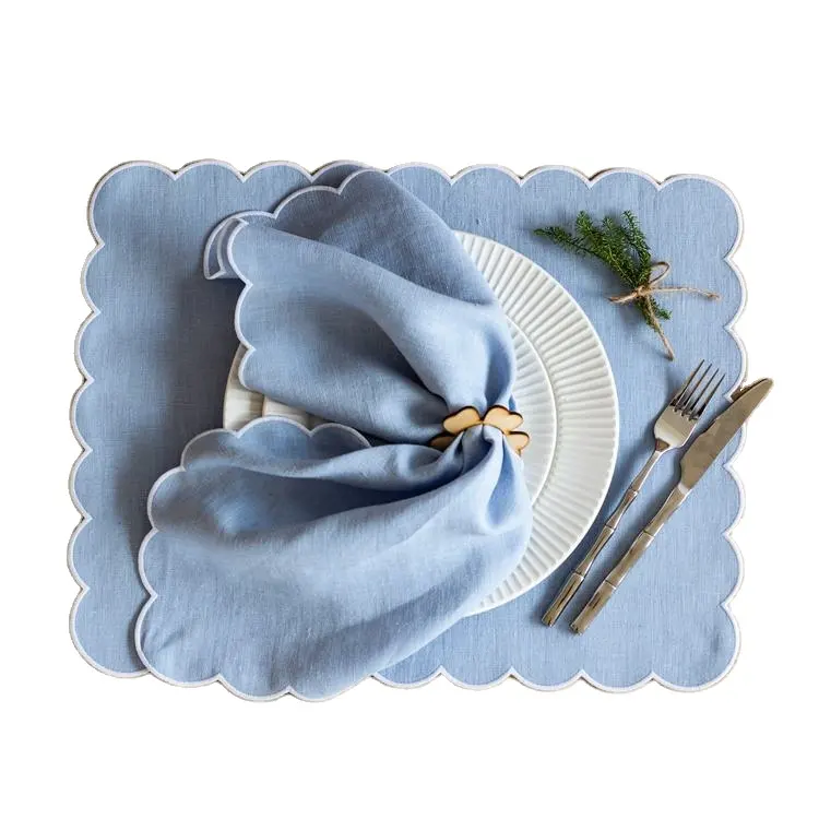 Baby Blue Embroidered Linen Embroidered Place Mat Scalloped Placemats Towel Scallop Edge Cloth Napkins