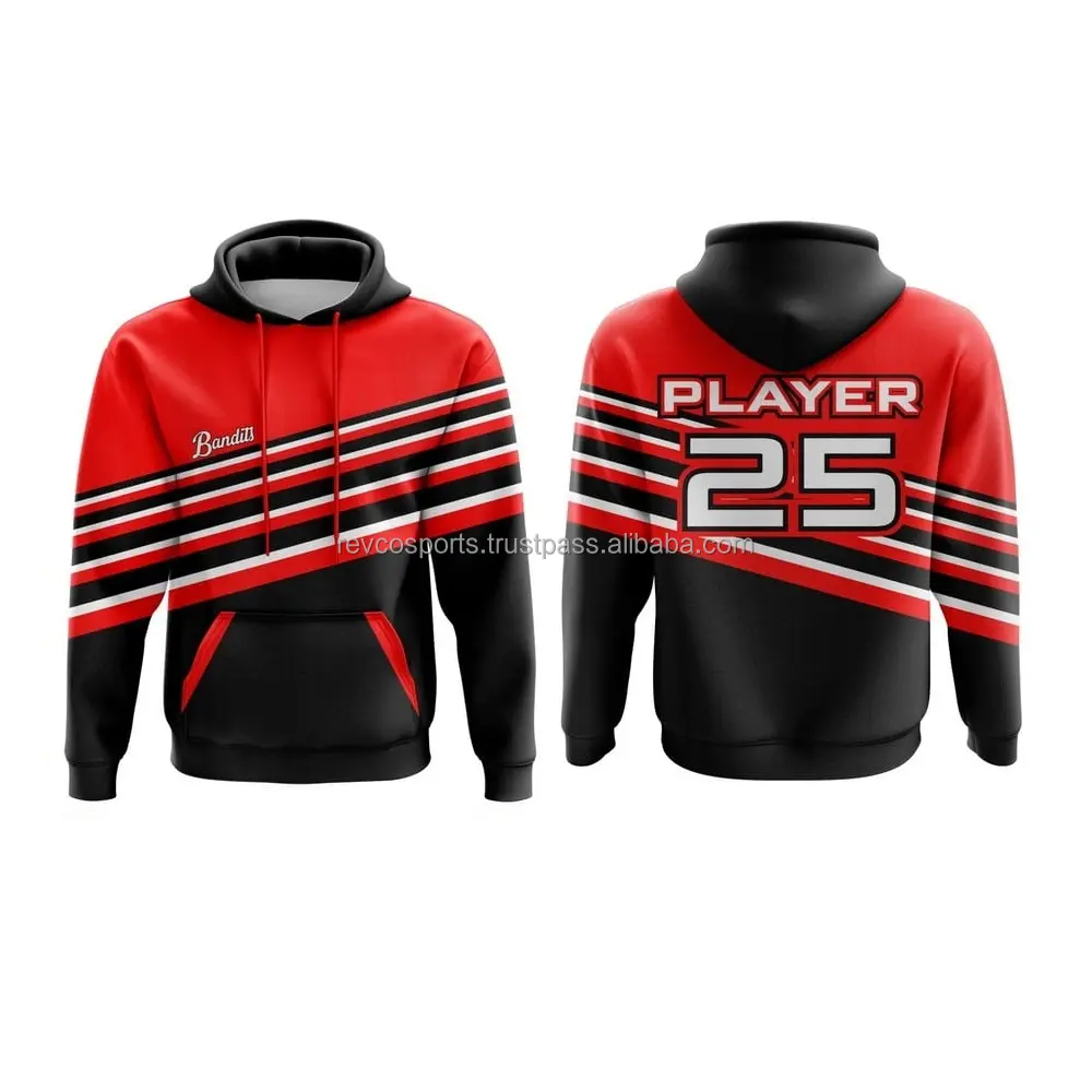 Moletom com capuz de sublimação com novo design de poliéster personalizado nome do jogador pulôver vermelho e preto personalizado