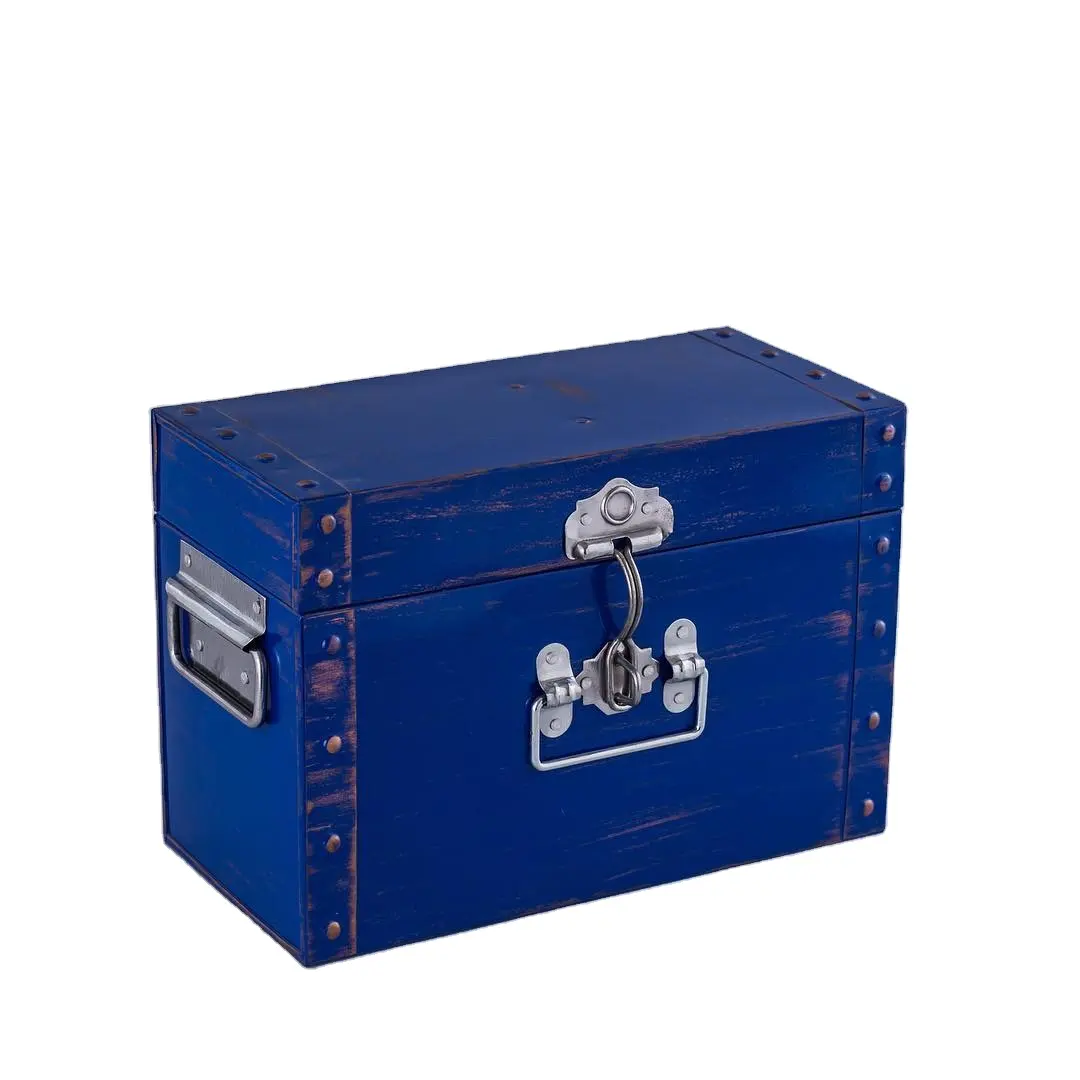 Металлическая темно-синяя Самая продаваемая коробка для багажника для дома антикварная деревенская коробка для хранения с замком высокое качество