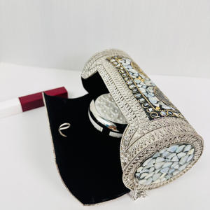 Handmade Modern Boho Ethnic Mother Pearl Mosaic Colorful <strong>Inlay</strong> Polished Sculpture Handmade Metal Cylindrical Clutch Bag Evening - Product Image 2
