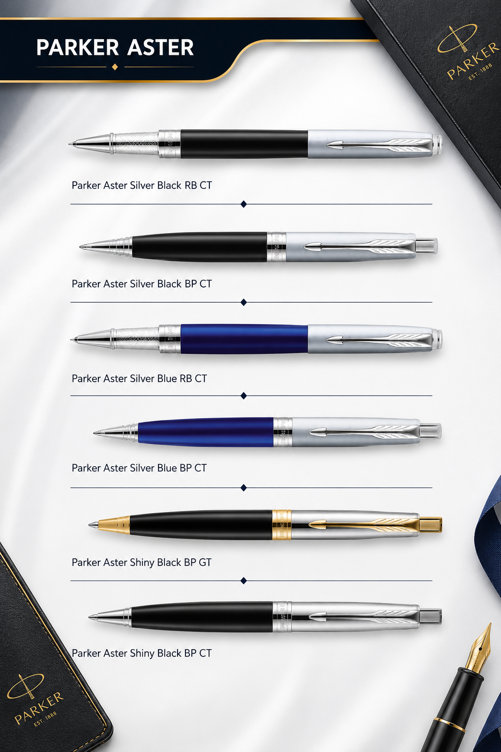 Silver Black, Silver Blue, Shiny Black with (Gold & Silver)