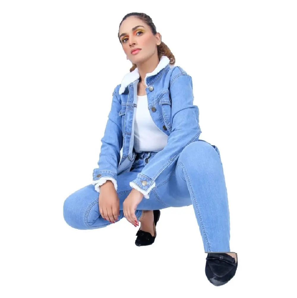 Pabrik Harga Murah Produsen Pemasok Dasar Slim Fit Jeans Wanita Dicuci & Jaket Set Nuansa Logo Kustom Kualitas Terbaik