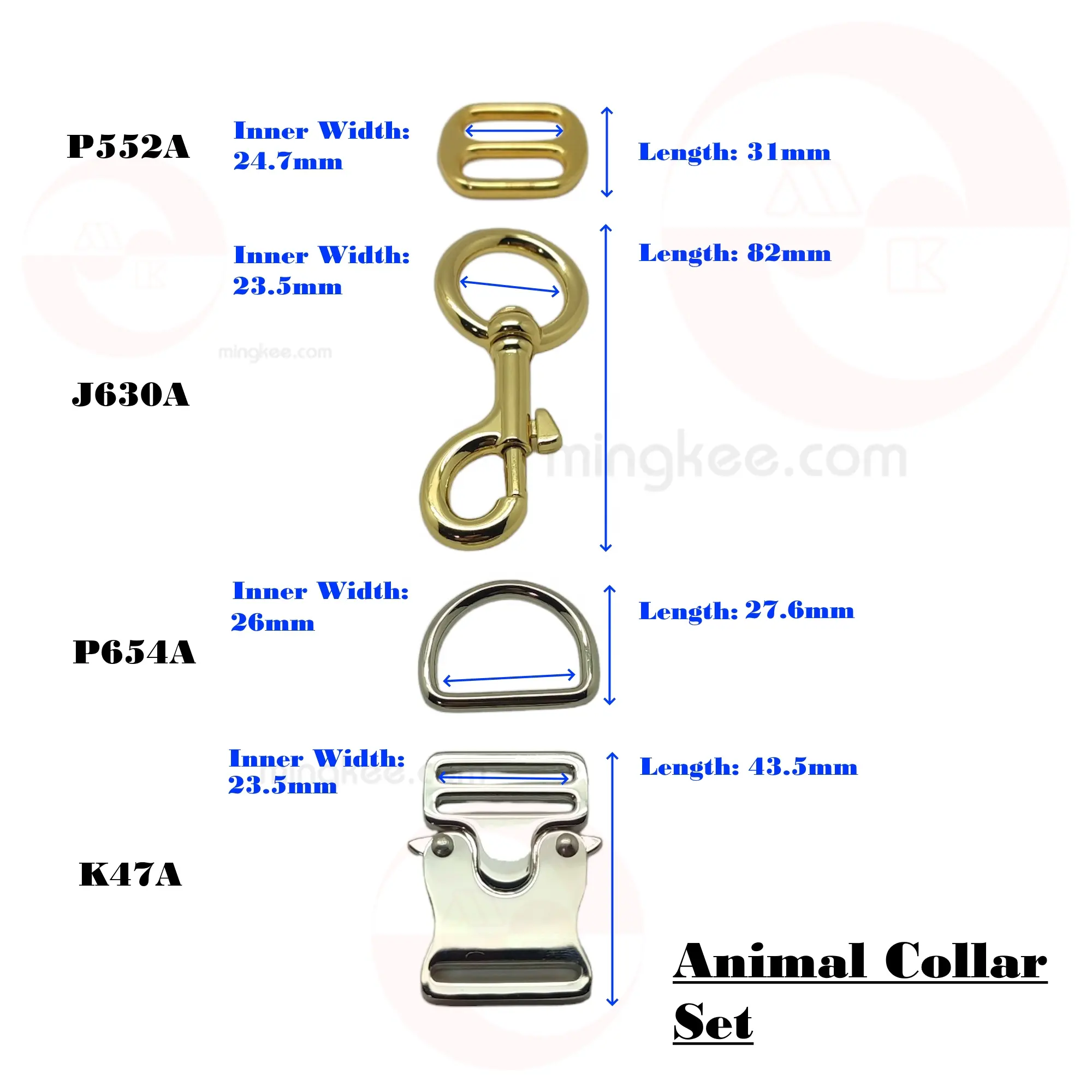 Ming Kee metallo da 23mm a 25mm 1 pollice metallo in lega di zinco D anello gancio fibbia scorrevole fibbia a sgancio laterale collare per cani animale Set
