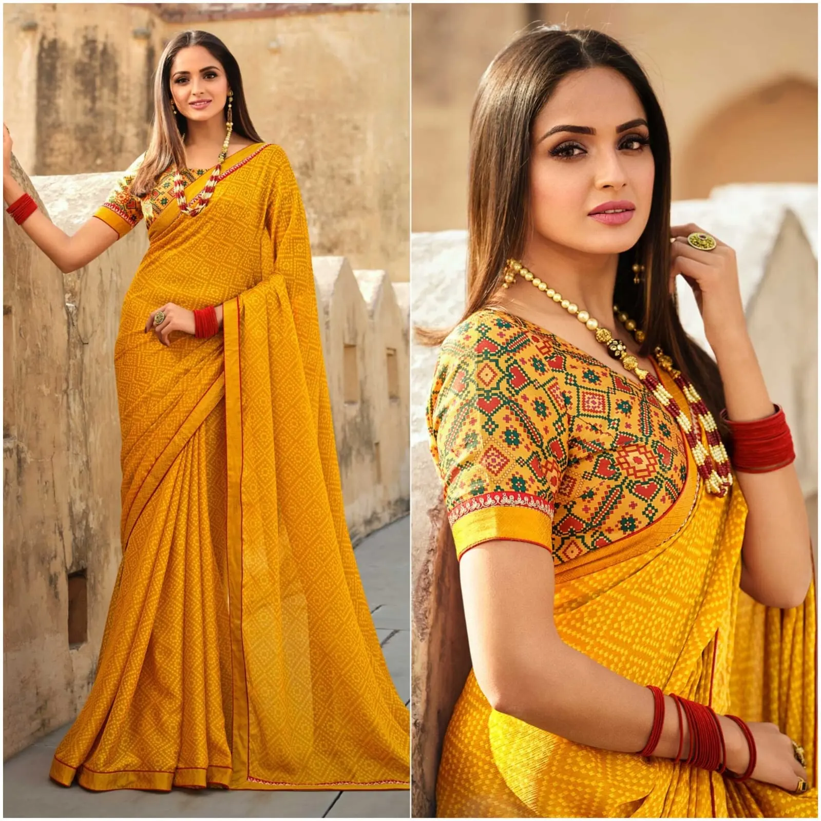 Bandhani amarillo impreso con borde bordado gasa Saree impreso Sari con encaje de trabajo