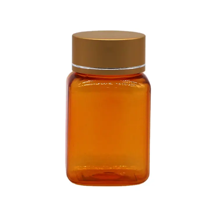90ml/3OZ PET quadratische gelb/orange Plastikkapsel-Tabletten fläschchen flasche mit rosé goldener Kappe und Heiß siegel