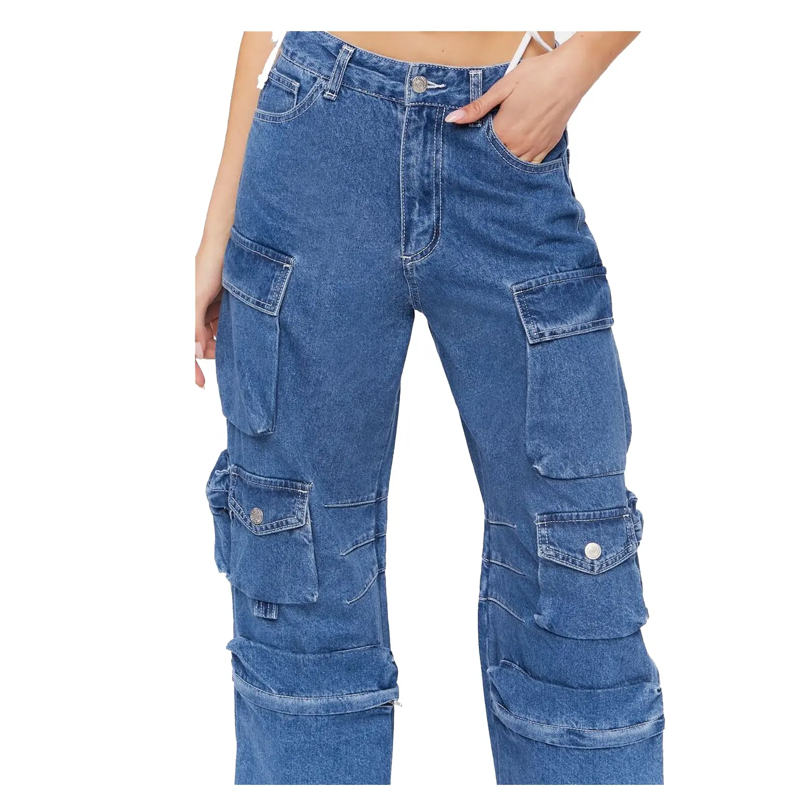Pantalones elásticos de cintura para mujer, Pantalón Cargo de ajuste de talla grande, ropa de calle de cintura elástica, vaqueros de pierna recta