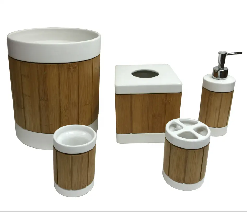 Popular ceramic with natual bamboo bathroom accessories set