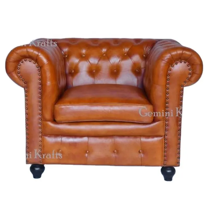 Самый популярный диван-стул Chesterfield из натуральной кожи, одноместное кресло, светло-коричневая отделка, Обычный дизайн, мебель для гостиной, домашний диван