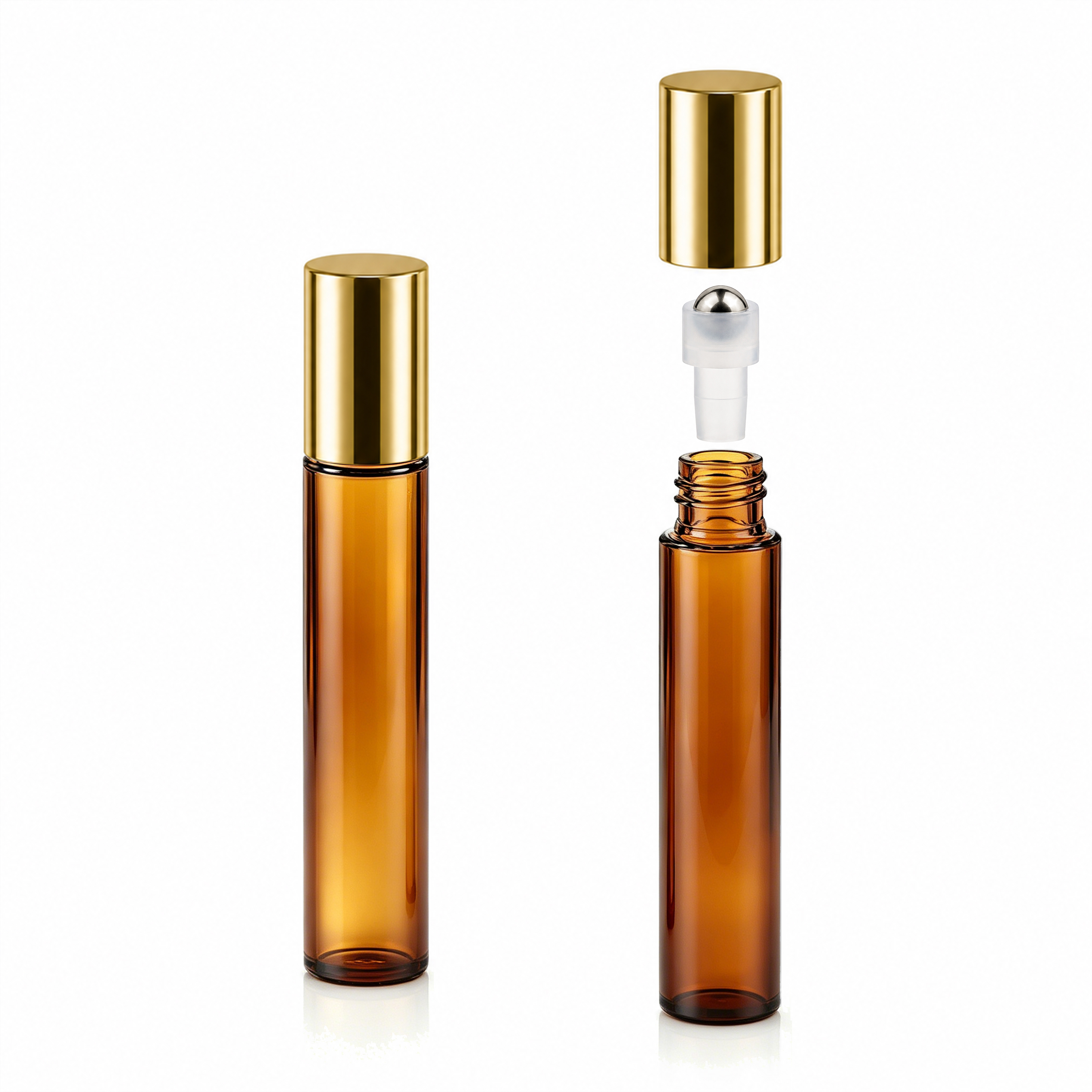 amber glass bottle + gold cap + steel ball