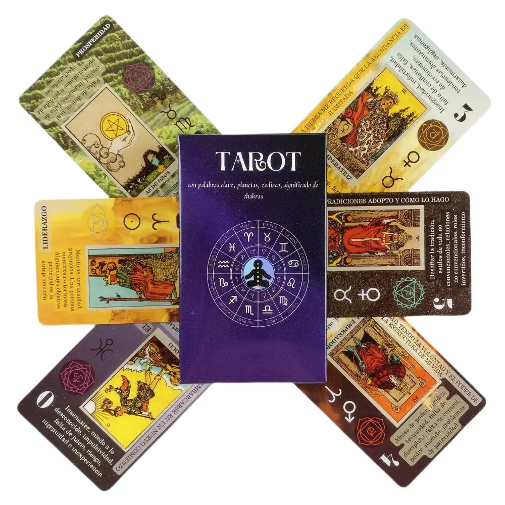 Significado en las cartas, versión en español e inglés, cubierta de Tarot con palabras clave, juego de mesa de tiempo de aventura oculta con espíritu de maravilla invertido