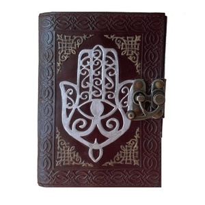 Hamsa Embossed <strong>Notebook</strong> Brown <strong>With</strong> Antique <strong>Color</strong> Handmade Unlined Cotton Paper Best Gift For Unisex Book of shadows Planner
