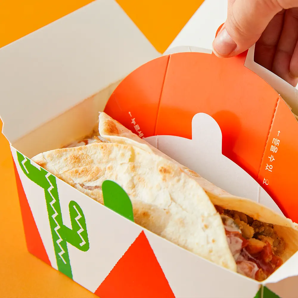 Tacos Takeaway kağit kutu için Logo ile yeni tasarım geri dönüşümlü kağıt gıda ambalaj kutuları kendi logonuzu yazdırmak