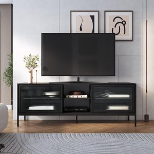 Hiện đại màu đen kim loại <span class=keywords><strong>TV</strong></span> sideboard chân cao Tủ lưu trữ với 2 Tempered Glass cửa ra vào và 2 Tier kệ cho phòng khách - Product Image 2