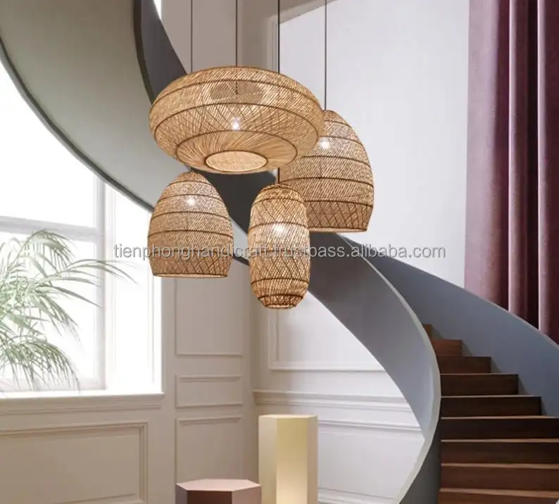 Luzes pendentes artesanais modernas, estilo restaurante, lâmpada de bambu, lustre rattan