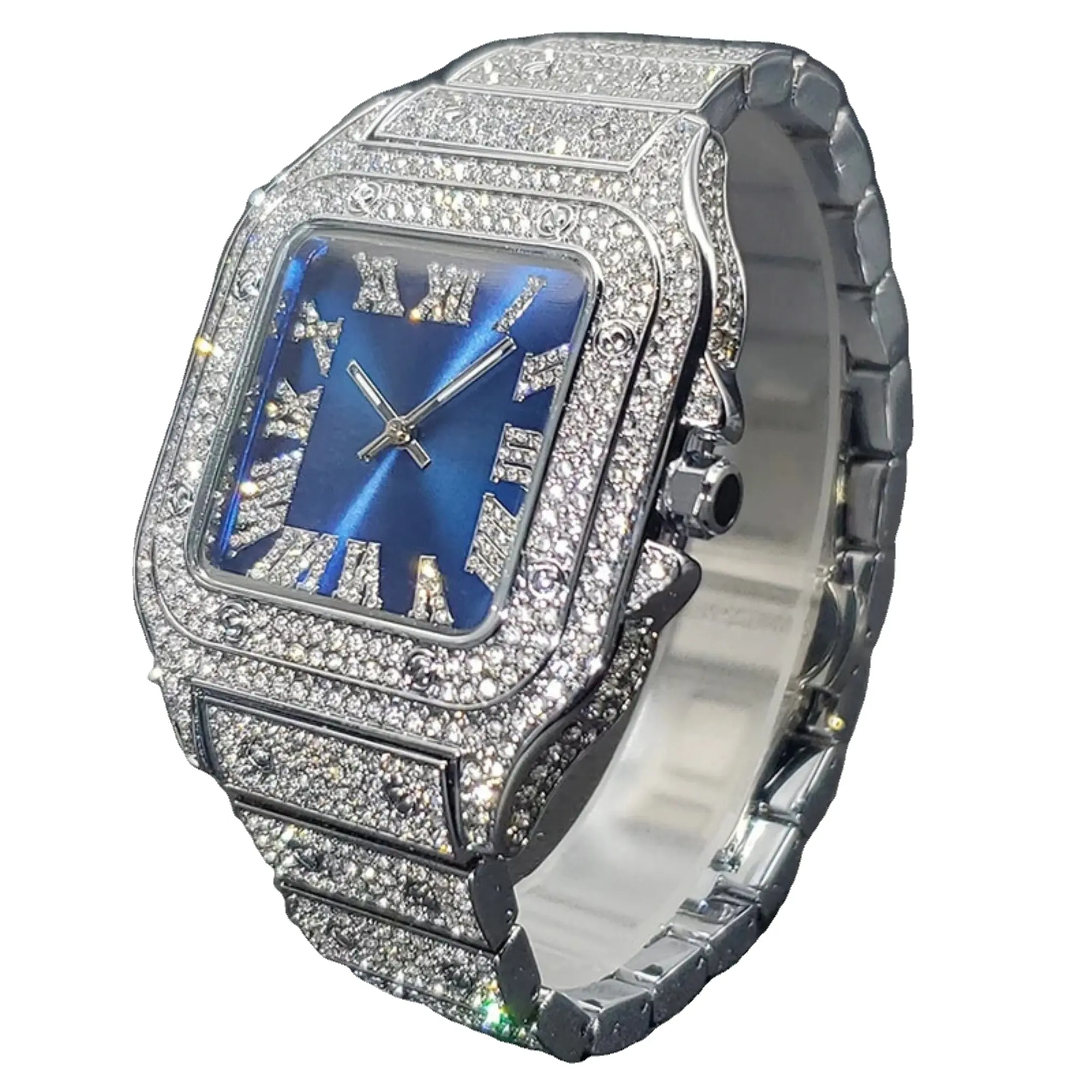 Natuurlijk Moissanite Diamant Herenhorloge 925 Sterling Zilver Handgemaakt Horloge Vierkant Vormgeval Feestkleding Luxe Diamanten Horloge.