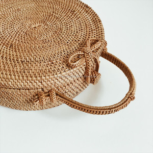 Vietnam-Rattan <strong>Bag</strong> With Embroidery Beading Chains Feathers Natural Style Button String Closure for Travel Round Shape - Product Image 5