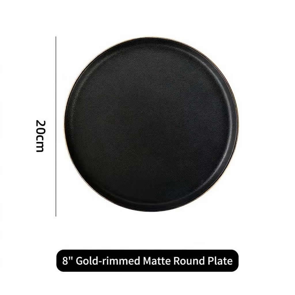 8 inch black matte gold rim round plate
