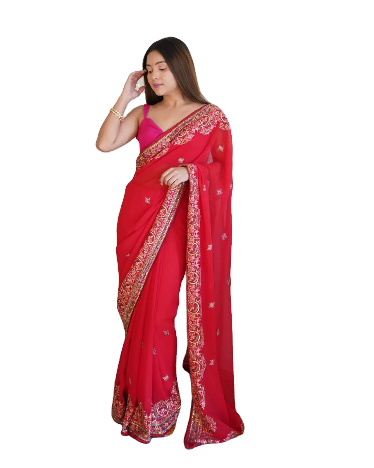 Ultimo Designer Georgette filo di seta ricamo pietra lavoro sari per zona Fab
