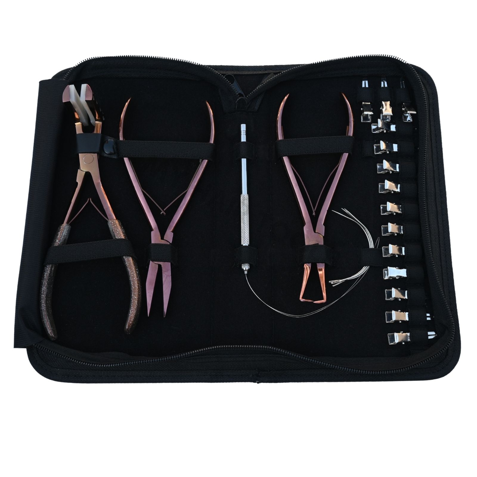 Kit de herramientas para extensiones de cabello combinado en oro rosa y plata