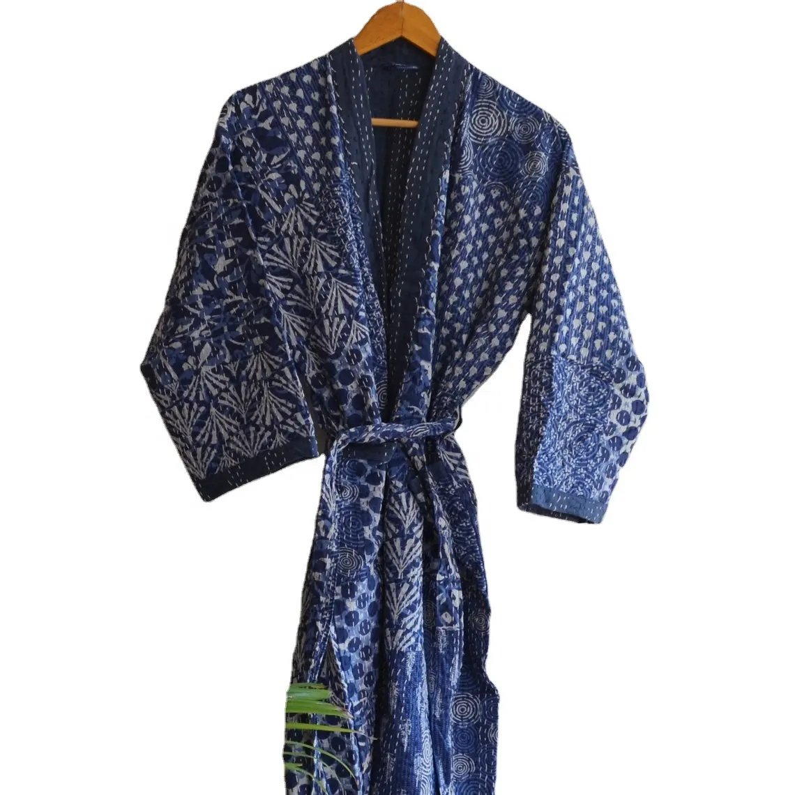 Manufacturer And Wholesale Indian Handmade Kantha Quilted Kimono Robe Cardigan Long Kimono And Bathrobe Beach Wear Dresses OEM