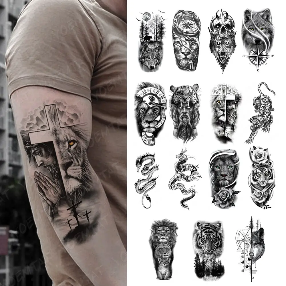 15 piezas impermeable tatuaje temporal pegatina Negro Dragón serpiente Tigre León Lobo Animal tótem mujeres hombres Sexy cintura brazo tatuajes falsos