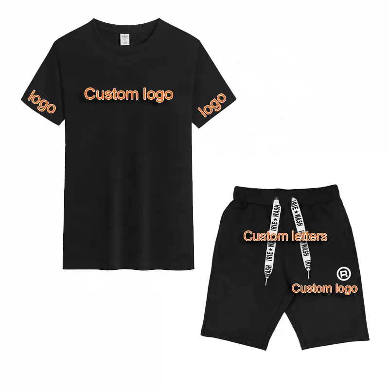 Conjunto de pantalones cortos deportivos de algodón/poliéster, conjunto deportivo informal de alta calidad con estampado digital de bloque de color a la moda, color negro