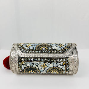 Handmade Modern Boho Ethnic Mother Pearl Mosaic Colorful <strong>Inlay</strong> Polished Sculpture Handmade Metal Cylindrical Clutch Bag Evening - Product Image 6
