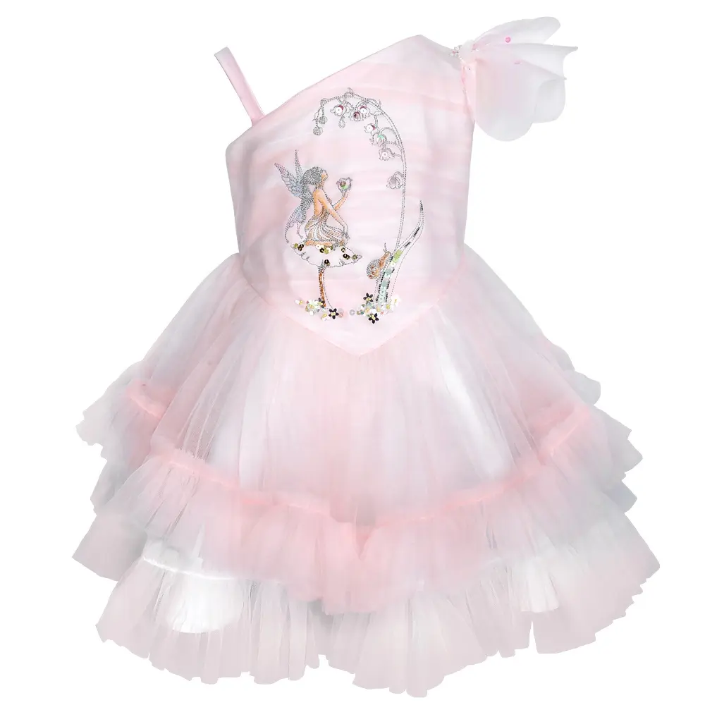 प्रीमियम हैंड बीडिंग मशीन कढ़ाई थोक गुलाबी स्लीवलेस लड़की तुतुतुटू बच्चों के लिए पोशाक