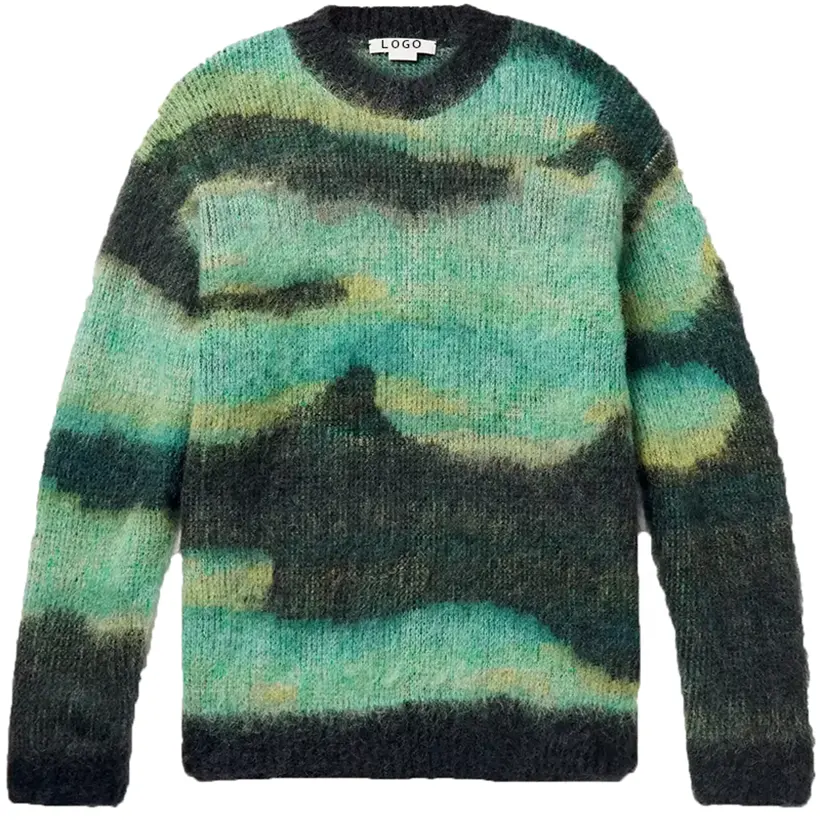 最高品質の工場カスタムデザイナープルオーバー男性マルチカラーモヘア冬暖かいファジージャカードニットセーター