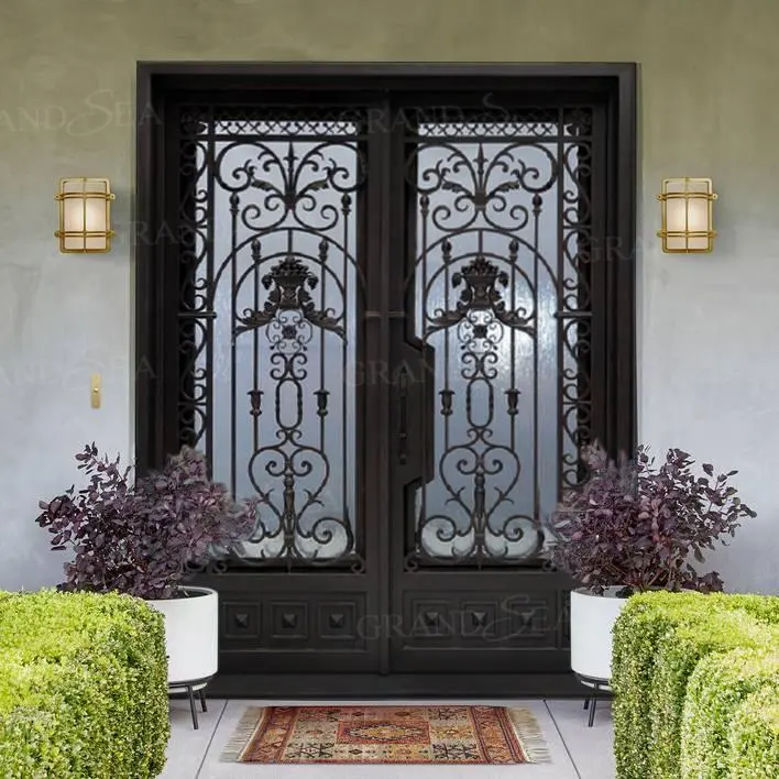 Puerta de seguridad de hierro fundido fuerte para el hogar, puerta de vidrio de entrada única, puerta de seguridad de hierro forjado de entrada de vidrio templado Doble
