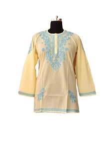 棉质印花刺绣短Kurti，带脖子和纽扣刺绣前纽扣开口 - Product Image 3
