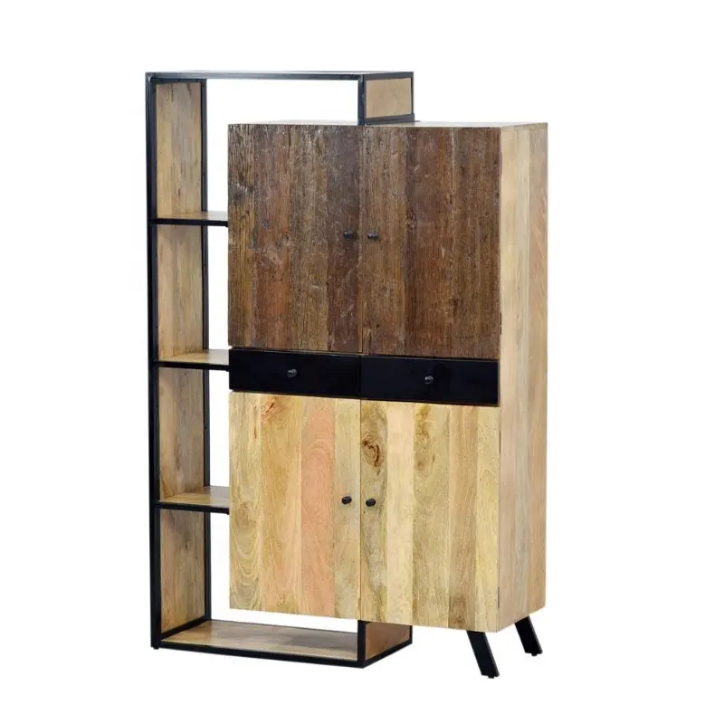 Armário de madeira recuperado com acabamento exclusivo para portas antigas, estilo industrial, prateleira de madeira para sala de estar, vitrine aberta