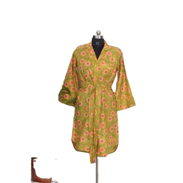 Robe de vacances indien coton longue robe portefeuille maison manteau avec ceinture et bouton femmes vêtements de nuit chemise longue nuit Kimono chemise