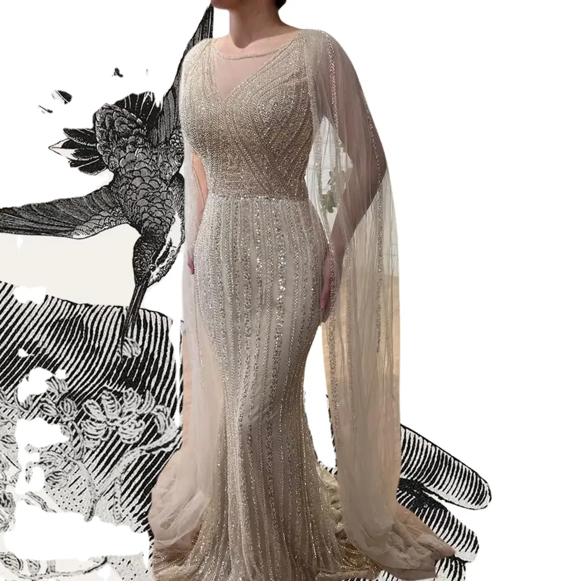 Vestido de noiva marfim e champanhe com cristais brilhantes e capa de véu longo, vestido de noiva marfim quente