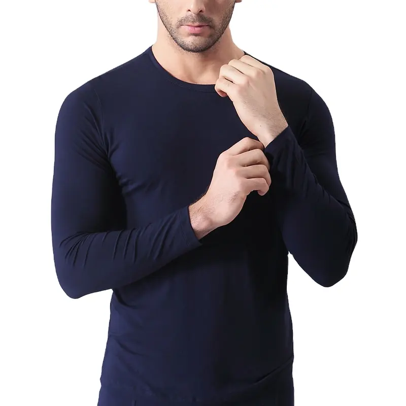เสื้อยืดใยไผ่ระบายอากาศสำหรับผู้ชายเสื้อผ้าฤดูใบไม้ร่วงสีดำนุ่มแขนยาวเสื้อคอกลมสีพื้นเสื้อฟิตเนสไซส์ XL