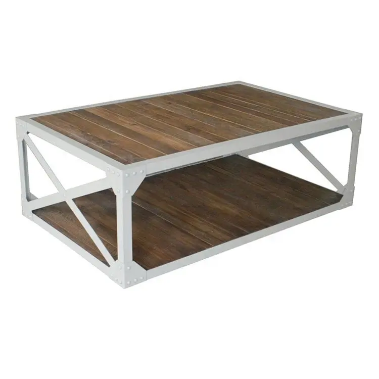 HL408 legno massello nero rettangolare industriale ferro battuto struttura centro in legno tavolo da tè con deposito per il soggiorno