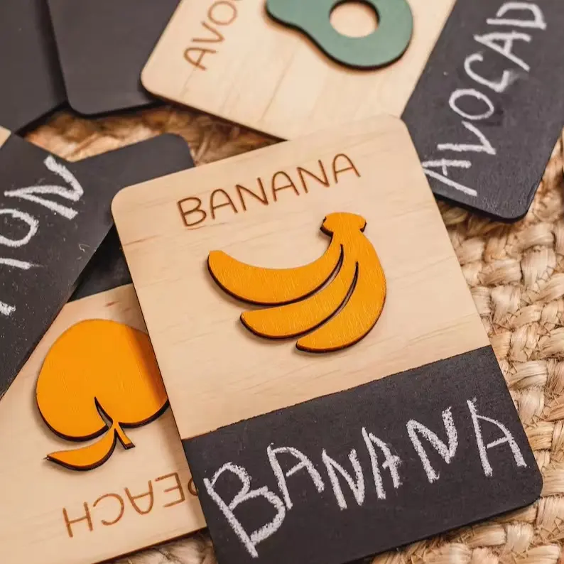 Fruit-themed English learning flash cards for children, hand-printed wooden cards, wooden learning set for children.