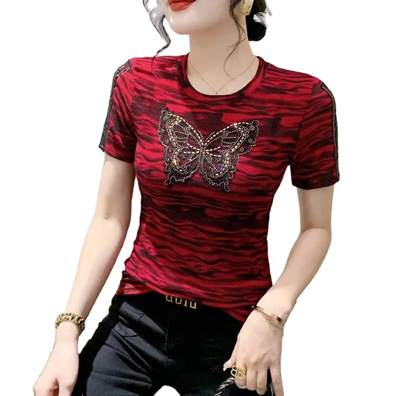 Camiseta de manga corta de verano para mujer, camiseta Sexy ajustada transpirable con diamantes de mariposa, camiseta de oficina de manga corta Vintage