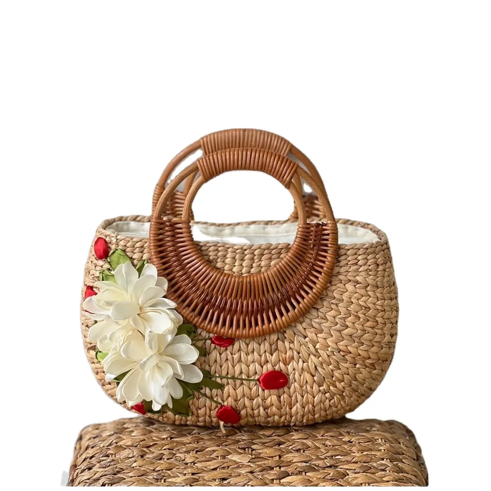New Designs Handicraft Storage Beach Bag Customized Size Vintage Water Hyacinth Straw Handbag with Flowers Decoration