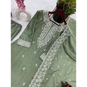 LATEST CHINON SILK EMBROIDERY WORK TOP <strong>BOTTOM</strong> WITH DUPATTA GREEN - Product Image 2