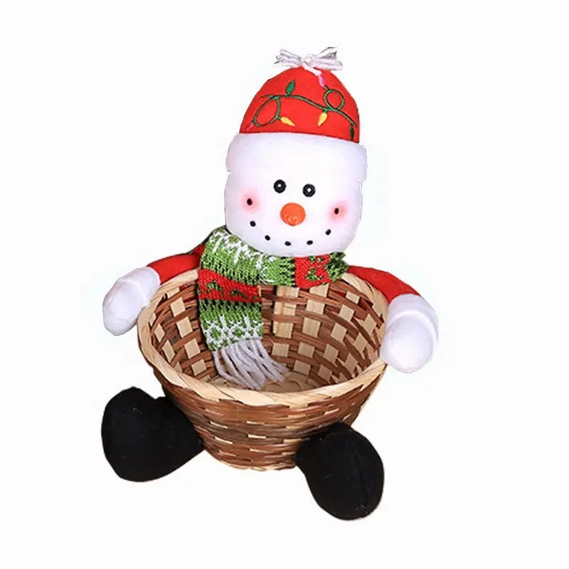 Wholesale Handmade Christmas Indoor Decorations Santa Snowman Doll Ornaments Custom Candy Wicker Box Christmas Gift Basket