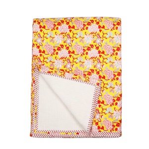 Organic Hand Block Print <strong>Rajai</strong> Quilt in Yellowish Red with Traditional Indian Artwork featuring a Transparent Dohar