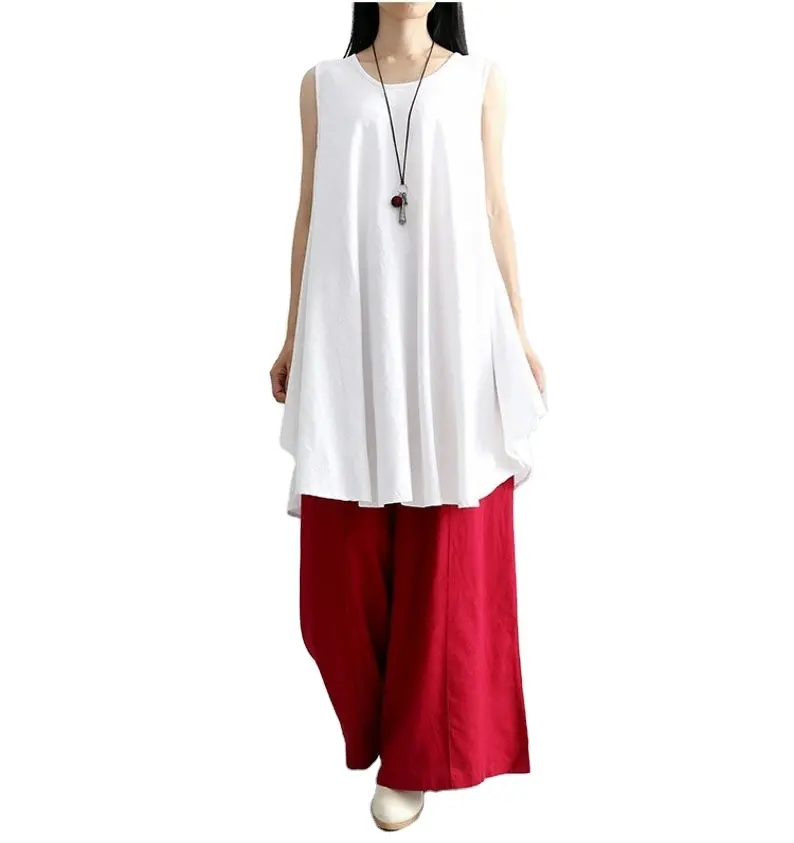 Combinación blanca y roja para mujer, ropa de algodón sin mangas de diseñador occidental