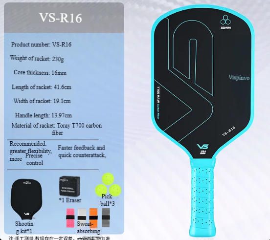 VS-R16 Pala Azul, Aprobada por USAPA, con Funda, 3 Pelotas, 4 Empuñaduras