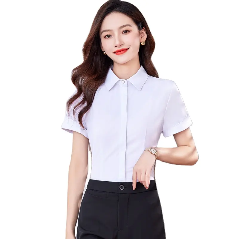 Blusa elegante de escritório com camisa branca de manga curta botonha premium verão cor sólida