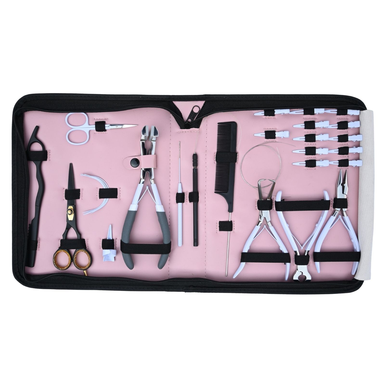 White Hair extension tools kit In Pink Case